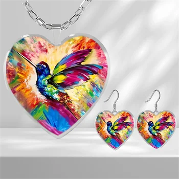 Модерен Цветен стъклен медальон с изображение на колибри във формата на сърце, колие, обеци, набор от бижута за бала, подарък за рожден Ден, набор от бижута