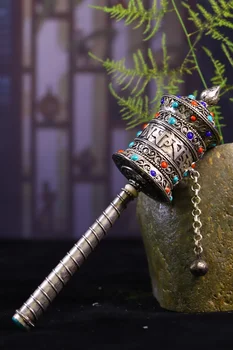 Порцеланов декор Бронз Тибетское сребро гони ръчна дърворезба на притискане инкрустация на скъпоценни камъни Молитвено колело Лама Деформирующее колелото