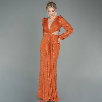 Вечерни рокли с пайети за жени, дълга рокля-русалка с V-образно деколте, Оранжево ръкави, секси вечерна рокля за парти
