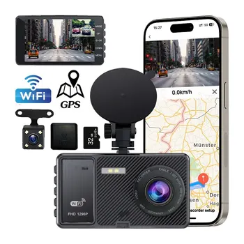 Тахограф с две HD камери Отпред и отзад, Безжичен Wifi + GPS-позициониране с високоскоростна Карта памет 32G
