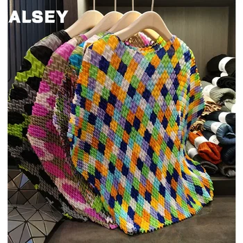 ALSEY Miyake, плиссированный топ с къс ръкав и ромбовидным модел, Цвят заключване, Нова лятна Тънка Свободна тениска с ръкави-една пеперуда, Женски