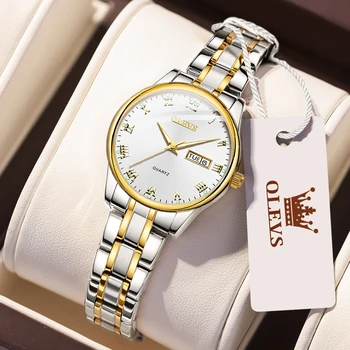 OLEVS Моден кварцов дамски часовник с двойно камък циферблат от неръждаема стомана, водоустойчив светещи ежедневни Елегантни дамски ръчен часовник