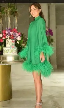 OLOEY С високо воротом, директни вечерни рокли за арабските жени от Дубай, изумрудено-зелени, с пера, къси рокли за бала с дължина над коляното