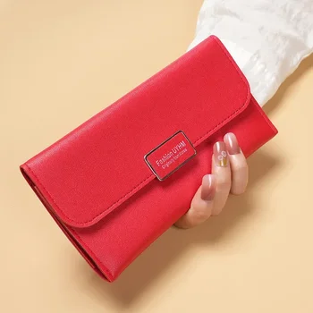 Нов дамски портфейл корейската версия с трехкратной дълга карирана катарама, чанта за съхранение на карти, стяга за парите от изкуствена кожа, чанта за карти