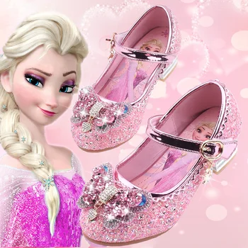 Сандали Frozen Elsa за момичета, обувки на висок ток, танцови обувки на принцесата за малки момичета, модни кристални обувки, розово-сини сандали за момичета