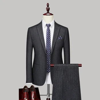 Нов мъжки модерен комплект M-5XL (сако + панталон) в бизнес италиански стил райе за доброволно в британския стил, ежедневие тънък булчински комплект от 2 теми