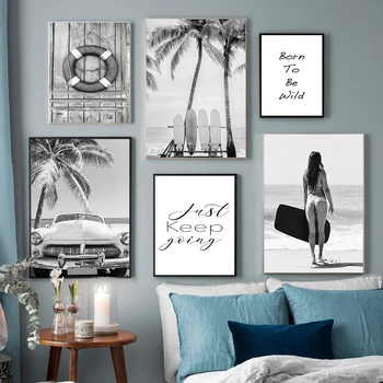 Черно-бял плакат, съвременната мода, стенно изкуство, Жена за сърфиране, имейл, платно в скандинавски стил, Щампи за всекидневната, Домашен декор