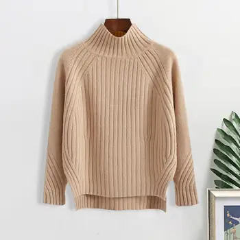 Дебел пуловер, уютен вязаный женски пуловер, стилен полувысокий яка, без приятелка, нередовен разрезной спускане за топлина, уют, мека
