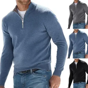 Есента на мъжки спортни дрехи, топъл пуловер, монофонични случайни пуловер с цип по средата, Тънки мъжки блузи с V-образно деколте и дълъг ръкав, зимни топ