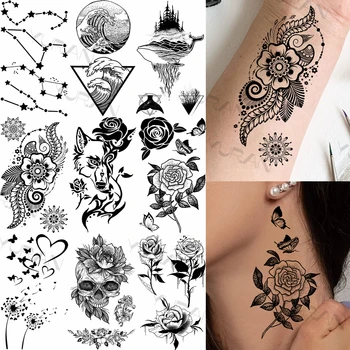 Временни татуировки под формата на пеперуди-mandal За жени и възрастни, реалистични фалшива татуировка във формата на вълна Рози и вълк на шията, Водоустойчив стикер с татуировка