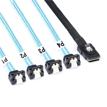 Висококачествен кабел за свързване на сървъра MINI SAS СФФ-8087 с 4 порта SATA под ъгъл 90 градуса.