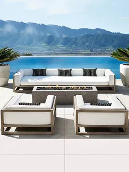 Индивидуален диван за сядане на открито от алуминиева сплав, водоустойчив слънцезащитен крем, градината в двора, дървен стол от ратан, покрити с лак