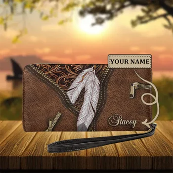 Ретро женски кожена кесия-гривна с племенните принтом от пера, дълъг портфейл с цип, женски многофункционален държач за карти, торбичка за пари
