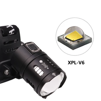 Налобный лампа XHP50 / XPLV6 за домашна употреба, къмпинг, на открито, силна светлина, зареждане чрез USB Micro, увеличение, алуминиева сплав, противоскользящий