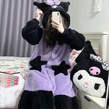 Нова Плюшен пижами Kawaii Sanrio Kuromi с хубаво Аниме, Зимна топла нощница от коралов руно с качулка, Домашно тъкани, Подарък за момичета