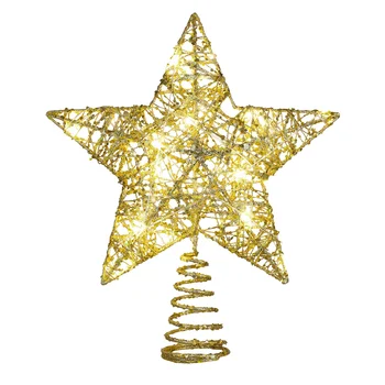 Коледно дърво, цилиндър, със звездите, златна блестяща метална звезда на върха на дървото с led гирлянди, украса за коледното парти