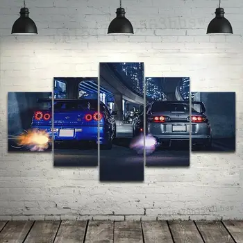 SUPRA vs GTR R34 Състезателни Спортен Автомобил, 5 Панели Печат Върху Платно, с монтиран на стената Художествен Плакат Начало Декор 5 Бр. Интериор На Стаята Картини Снимки