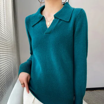 Висококачествен женски пуловер с ревера есенно-зимния нов пуловер, палто в западен стил, долната риза с къси ръкави