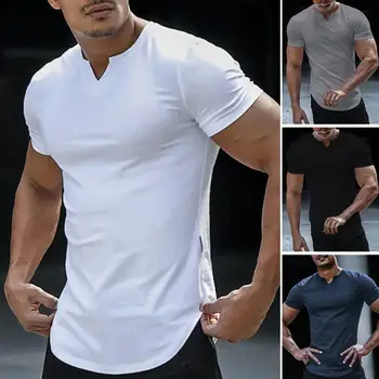 Стилна ежедневна тениска, трогающий кожата пуловер топ с къс ръкав, мъжки приталенная однотонная тениска, универсален
