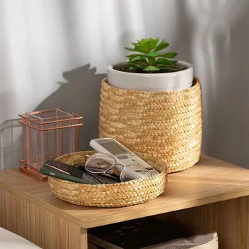 Съхранение Бамбук домашна Минималистичная кошница за цветя, изплетен от лозови насаждения, слама, ръчно изработени, кошница за съхранение с капак, кутия за съхранение на закуски и козметика