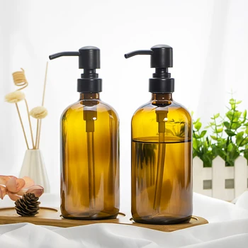 Стъклена бутилка-опаковка за сапун от 2 опаковки с бронзови помпами от неръждаема стомана за баня, кухненски прибори 16 унции