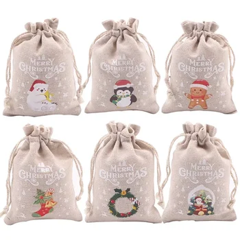 Красива коледна памучен и бельо чанта на Дядо Коледа, детска чанта за съхранение на шоколадови бонбони и ябълки, Коледен комплект, лесен подарък чанта