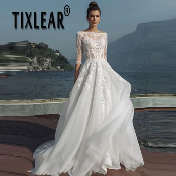 TIXLEAR, Сексуална сватбена рокля с деколте лодка, с Плажна сватбена рокля без презрамки с пайети, Дантелено сватбена рокля от тюл с бутони трапецовидна форма за булката