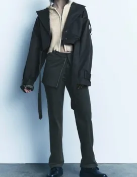 Елегантен черен женски комплект палто дантела, Шик съкратен топ с ревери, дълги ръкави и джобове, прави панталони, костюми 2023, Есента модерен украшение