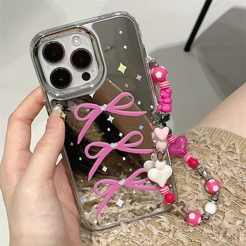 Прозрачен калъф за телефон Mirror Star с розов нос и възел за iPhone 15 14 13 12 11 Pro Max Plus 15pro с перлата на кръста-гривната на съвсем малък