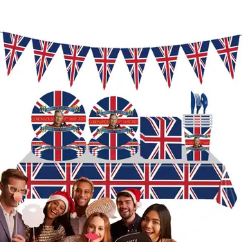 Чинии и салфетки с британския флаг, аксесоари за партита, Картонени чаши за британската тема, Чинии и салфетки, 16 празнични чинии за хранене, Патриотични