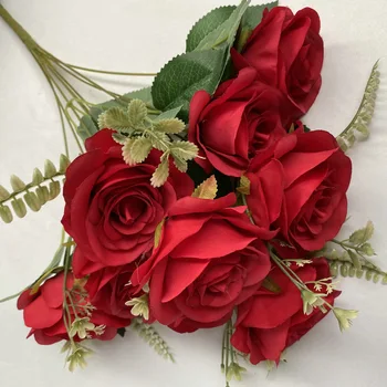 Имитация на цветя Червената Сватбена Роза 9 Цвята От изкуствена коприна Плодови Кръгли Рози Букет Украса за домашно градина Синьо и Бяло Цвете