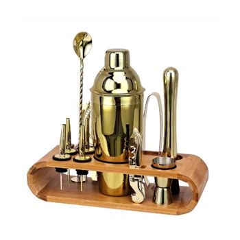 Комплект за коктейл-бара Mixology Bartender Kit: Комплект продуктова инструменти от 12 части, със стилен бамбукова стойка (златен)