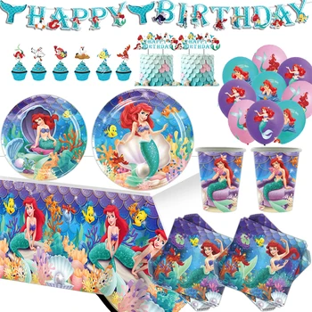 Малката русалка принцеса Ариел, Посуда, Празнични аксесоари, украса за парти по случай рождения Ден на момичетата, балон, Хартиена чиния, Чаша, покривката