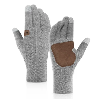 1 Чифт зимни трикотажни вълнени ръкавици със сензорен екран, мъжки топли къса велосипедни ръкавици с една плюшена подплата за целия пръст