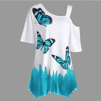 Летни блузи, дамски тениски с принтом пеперуди, нередовен топ с едно рамо, жените свободна тениска голям размер, градинска облекло