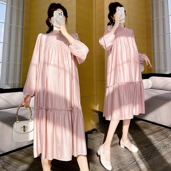 Рокли за бременни с набори на яката и дълъг ръкав 2023 г., нови дрехи за бременни, пресни обикновена рокли за бременни в стил мозайка с гъбички