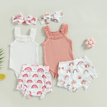 Летни Комплекти дрехи за новородени момичета, обикновена трикотажни боди без ръкави в рубчик + Преливащи роклите с висока талия + шапки