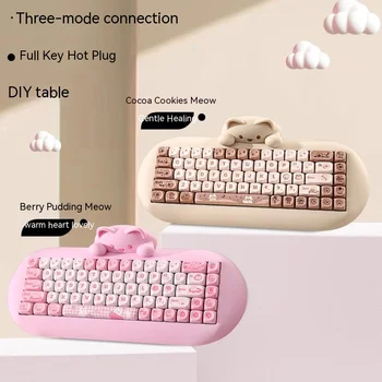 Оригиналната C68 Розова 65% Hi-Fi Силиконова клавиатура Сладка Котка С гореща замяна Nkro Ергономична Безжична Bt5.0/2.4 g/Жичен Rgb Ръчна Детска Клавиатура