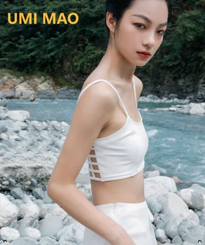 UMI MAO/ Черно-бяла Красива дамска лятна риза на подтяжках отзад с подплата в гърдите, секси кратък топ под нея