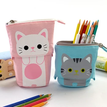 Чанта за моливи, платно с молив случай анимационни котка, държач за ластика, дръжка, чанта за съхранение на канцеларски материали цип за деца, школа