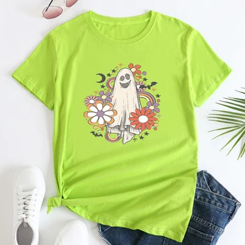 Дъгата цвете, Тениска на Хелоуин, Памучен реколта лятна модни Дамски Ежедневни Тениска С Къс Ръкав