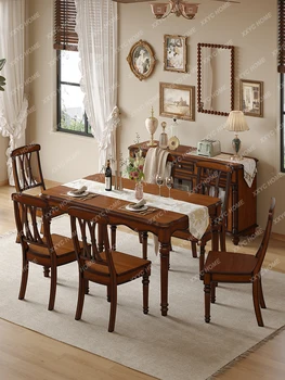 Маса за хранене от масивно дърво, домашен правоъгълна маса и стол, мебели за ресторант в стил кънтри в ретро стил