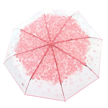 Корейски сгъваем чадър ръчно изработени, симпатичен корейски мини-прозрачен чадър серия Сен Fresh Simple Trifold, японска череша, ясен чадър цвят