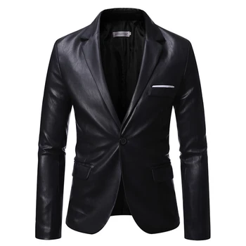 Мъжки моден сако от изкуствена кожа PU, класическо черно палто, оборудвана сако, бизнес всекидневен костюм в изчистен стил, блейзери, палта