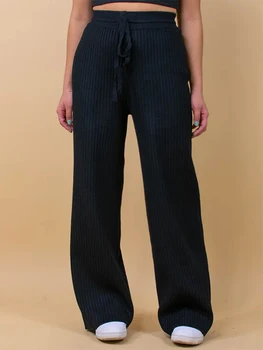 Дамски широки потници панталони в рубчик ежедневна свободно, намаляване, пуловер с висока талия, панталони-дворец с еластичен колан на експозиции