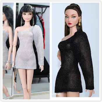 Сребърна рокля / Уникалната дизайнерска черна риза с един ръкав / 30-см стоп-моушън облекло за кукли Барби 1/6 Xinyi ST FR.