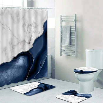 Луксозен бял мрамор, тъмно синьо, Сребро ахат, набор от завеса за баня, килим за баня, Постелки за тоалетни принадлежности, домашен декор