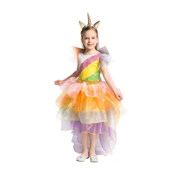 Сценичното представление принцеса-еднорог, сетчатое рокля цветове на дъгата за момичета, Хелоуин, Коледа, Парти по случай рожден Ден, Cosplay Костюм