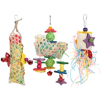 3шт Висящи играчки за птици от ратан с плетене на една кука, ръчно изработени Кусающиеся дъвчащи играчки за папагали Стоки за домашни любимци