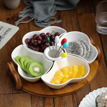 Керамичен поднос за плодове с вилица за плодове, ястие от сушени плодове и ядки, креативен дизайн във формата на сърце